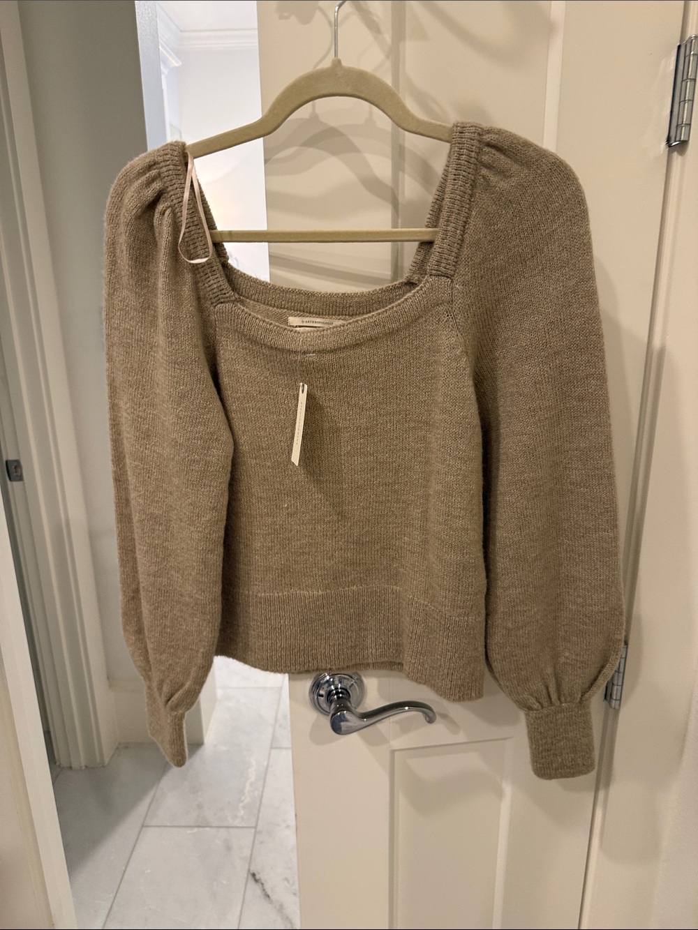 Anthropologie Taupe Square-Neck Puff Sleeve Sweater